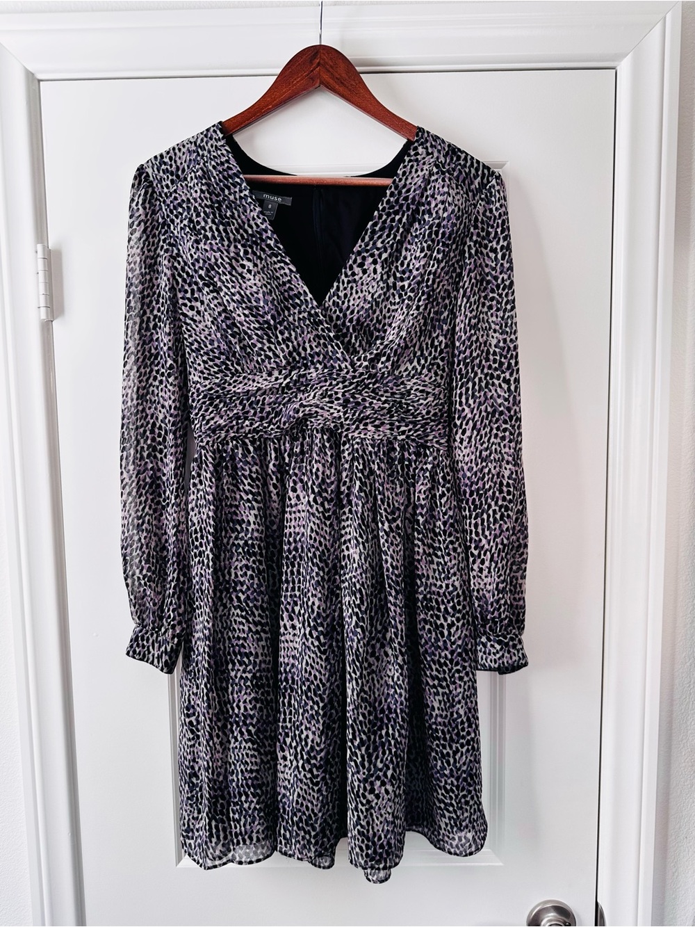 Muse Black Lavender Floral Long Sleeve Midi Dress Fall Wedding Guest Size 8